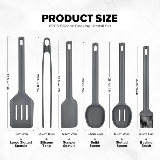 Silicone Kitchen Utensils Set, Heat Resistant Cooking Utensil with Spoon, Scraper, Spatula, Basting Brush & Tongs, BPA-free Non-stick Cookware for Frying, Basting, Serving, Grilling (6 Pack) (GREY)
