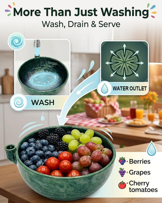 Self Spinning Berry Washing Bowl Ceramic, Automatic swirl fruit colander with drain hole, multipurpose kitchen washer for berries, fruits and vegetables (1 Pcs)