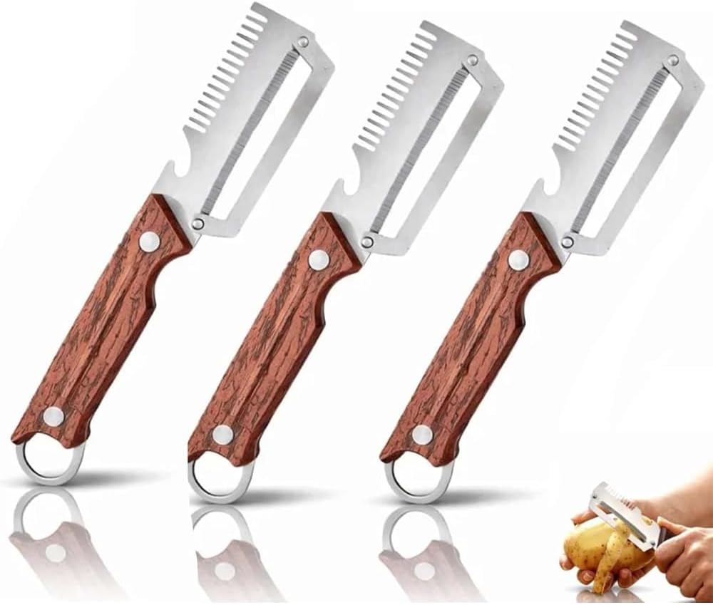 3-in-1 Upgraded Vegetable Peeler with Grater and Bottle Opener, Stainless Steel Kitchen Peeler, Zero Snag Wooden Peeler for Fruits and Vegetables