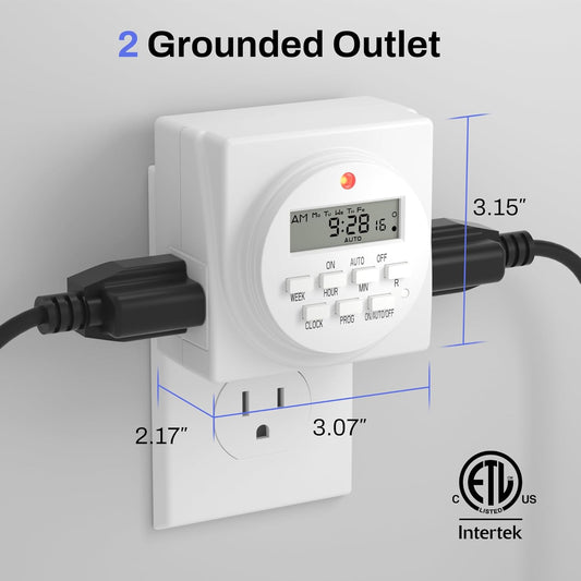 Indoor Digital Timer Outlet, Dual Outlet 7 Day Programmable Light Switch, 3 Prong Plug in Timers for Electrical Outlets, Lamps, Fans, 8 On/Off Programs, 1 Pack, 15A/1875W, ETL Listed