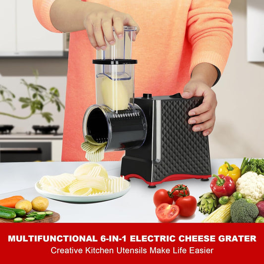 Electric Cheese Grater, 250W Cheese Shredder Machine with 6 Stainless Steel Blades, One-Touch Electric Food Slicer for Cheese, Vegetables, Potatoes, Nuts and Meal Prep, Easy to Clean
