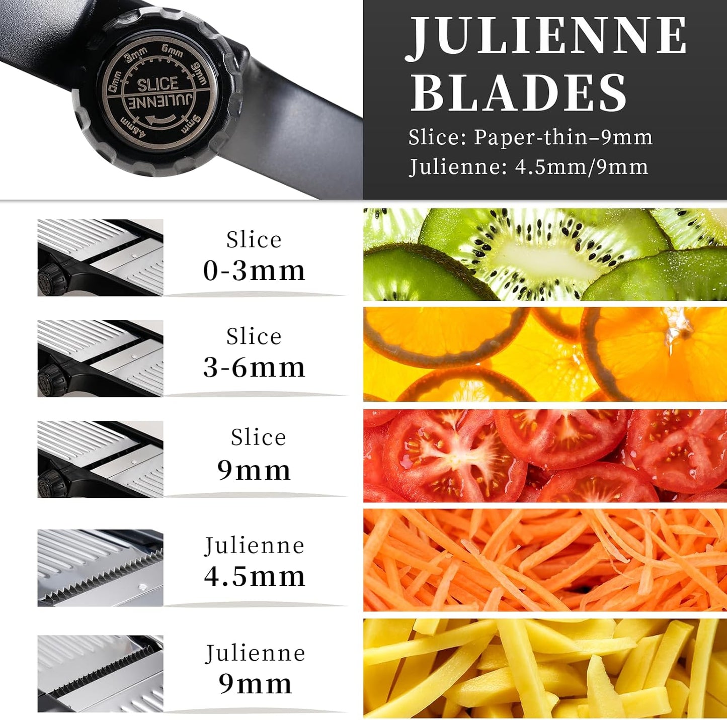 Adjustable Mandoline Slicer 5-in-1 Stainless Steel Vegetable Cutter with Ultra Sharp Blades, Julienne Slicer & Shredder for Potato, Onion