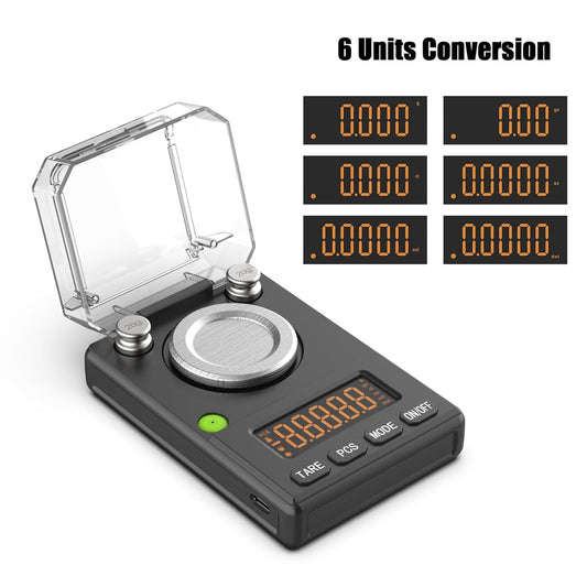 Milligram Scale 100g x 0.001g with Selectable Auto Off | MG Powder Scale, Built-in Bubble Level, 20g Calibration Weight Included, USB/Battery