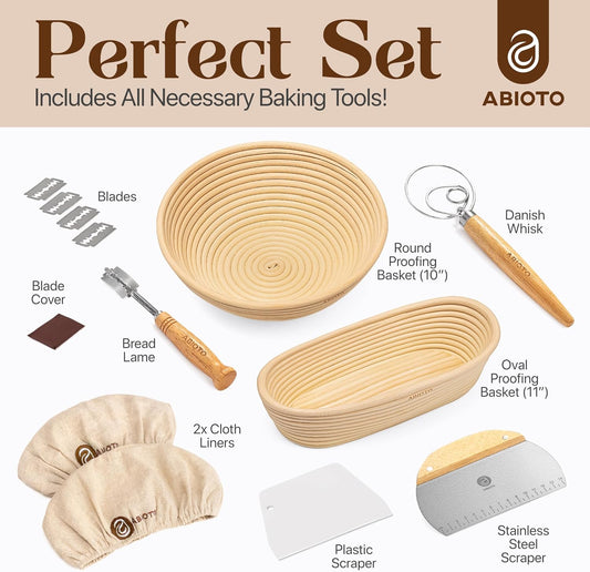 Sourdough Bread Baking Kit - 14-Piece Set with 10" Round & 11" Oval Rattan Banneton Proofing Baskets, Liners, Bread Lame, Danish Whisk & Scrapers for Home Bakers