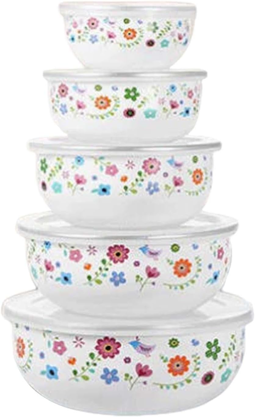 5 Pieces Mixing Bowl Set Food Prep Bowls Round Bowl Kitchen Enamel Covered Bowl with Airtight Lids for Cakes Biscuits Baking, Floral