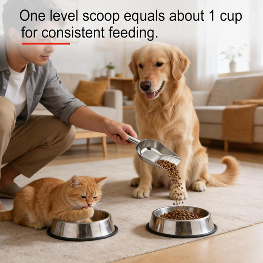 Dog Food Scoop 1 Cup, 304 Stainless Steel Pet Food Measuring Cup | Precise Scale, Long Handle Portion Control Scoop for Dogs & Cats