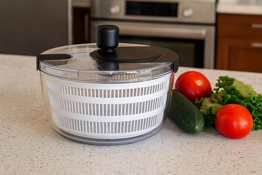 Salad Spinner – Large Clear Bowl with Drain and Colander – Multi-use Vegetable Dryer, Lettuce Spinner, Fruit Washer, Salad Mixer, Pasta & Fries Spinner - 4.2 Qt