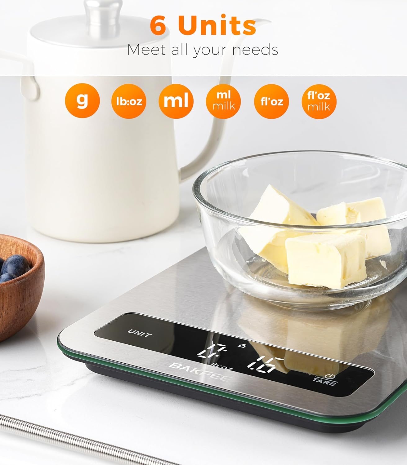 Waterproof Food Scale, 22lb Kitchen Scale, IP67, Rechargeable, Grey | 1g Precision, Premium Stainless Steel & Tempered Glass, Clear LED Display, 6 Units, Tare, for Cooking, Making Sourdough Bread