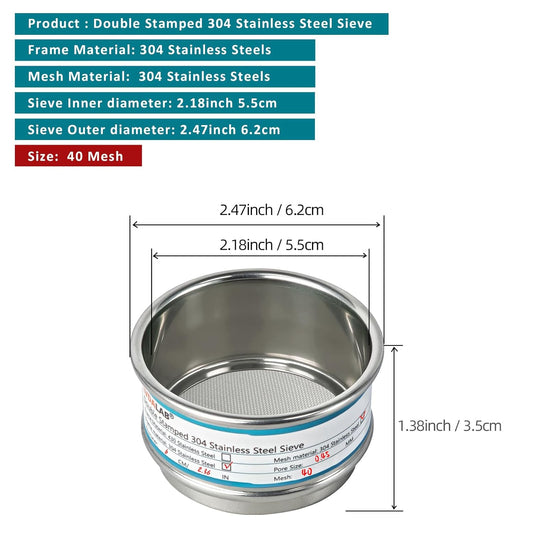 Full 304 Stainless Steel Mesh Sieve Screen, 40 Mesh (0.45mm) Aperture, 2.4inch(6CM) Dia Standard Sample Analysis Test Sieves Sifters Strainer for Industrial Laboratory Homes