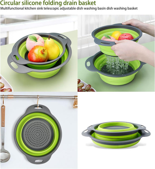 Collapsible Colander Set of 2 (1 Large + 1 Small) – Silicone Kitchen Sink Strainer & Fruit Basket, Perfect for Draining Pasta/Vegetable/Fruit, Home & Travel Essentials