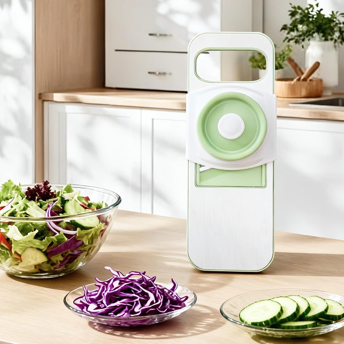 ZKIRON Stainless Steel Mandoline Slicer for Kitchen, 6-in-1 Handheld Vegetable Slicer with 360° Full-Cover Safety Guard, Potato Cucumber Julienne Shredder Grater, Compact Salad Prep (Mint Green)