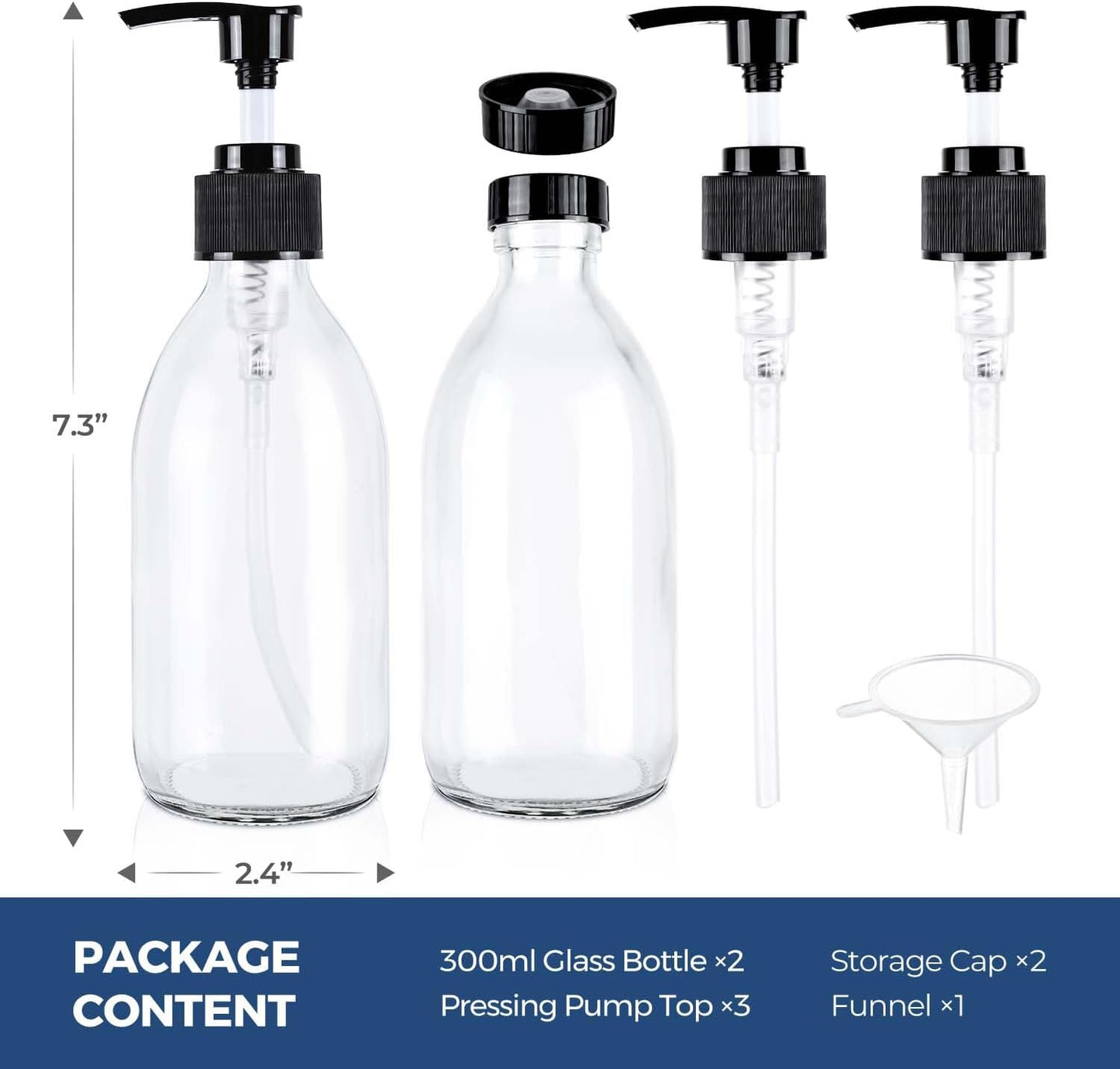 8 oz Amber Glass Pump Bottle, Small Empty Soap Dispenser for Oil | Refillable Dark Lotion Dispensers, Include Storage Caps, Funnel, Labels - UV Block, Smooth 2CC Pump, BPA-free, 250ml 2 Pack
