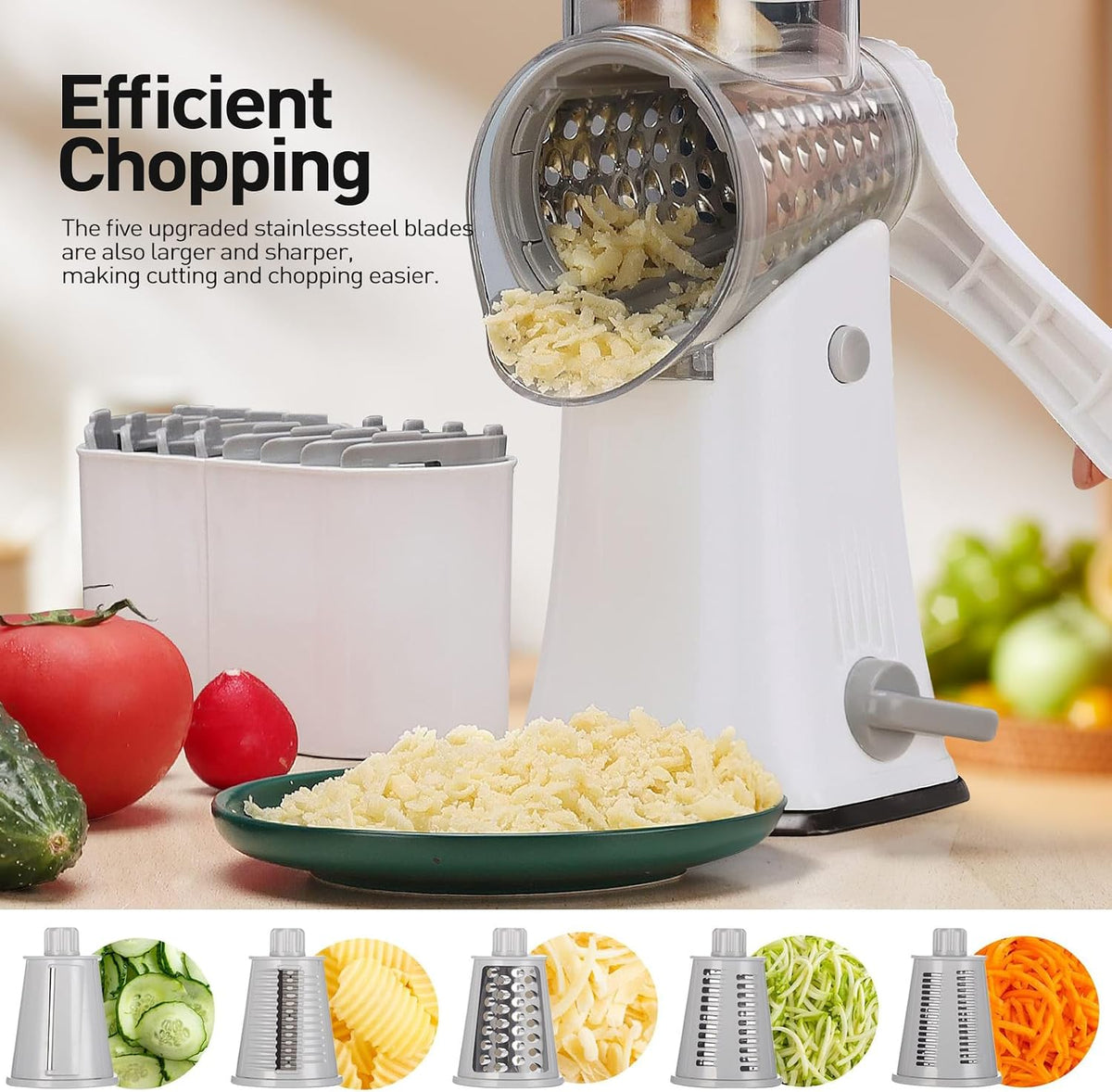 APSARAS USA Rotary Cheese Grater, 5 in 1 Rotary Grater, Cheese Grater Hand Crank, Replaceable Stainless Blades Cheese Shredder, Cheese Slicer, Easy to Clean Kitchen Gadgets with Storage Box