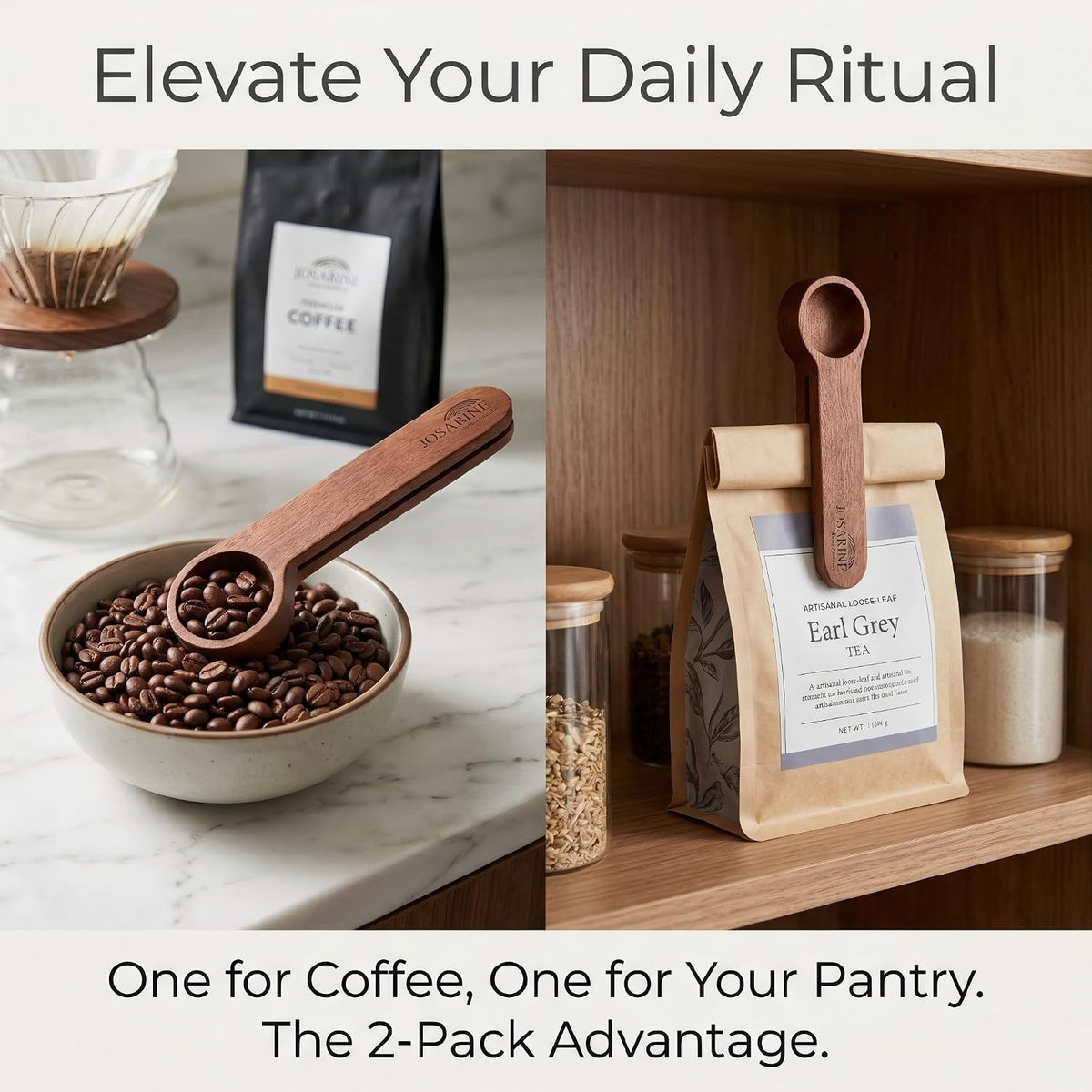 2-Pack Wooden Coffee Scoop, 2-in-1 Solid Sapele Wood Measuring Spoon & Bag Sealer for Ground Beans, Espresso, Tea - One-Piece Minimalist Coffee Accessories