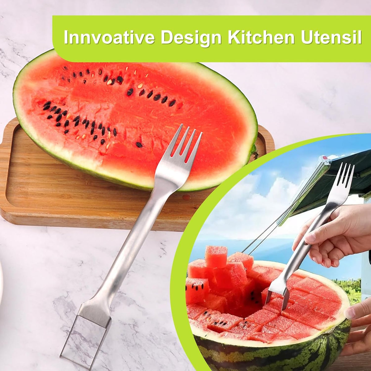 2-in-1 Stainless Steel Watermelon Fruit Cutter Slicer Tool and Melon Baller Scoop Fruit Ball Cutter Set, Dual Head Fork Knife Melon Cutter Cutting Tool.