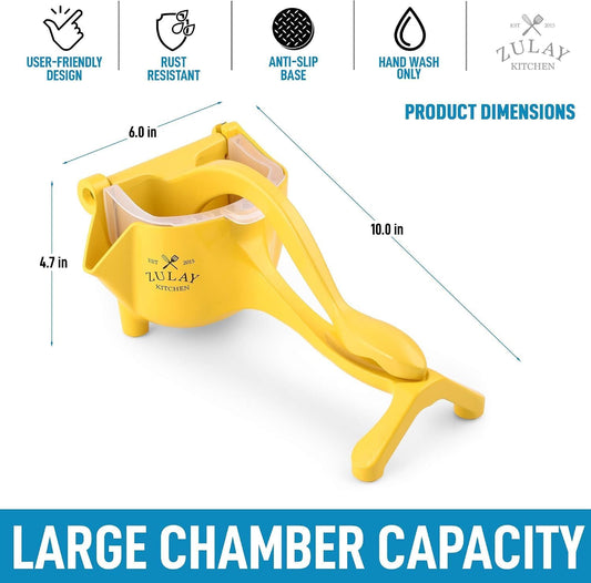 Zulay Manual Fruit Juicer- Heavy Duty Juice Press Squeezer with Detachable Lever & Removable Strainer - Fruit Press & Hand Juicer For Pomegranates, Lemons, Oranges, and More (Silver) (Yellow)