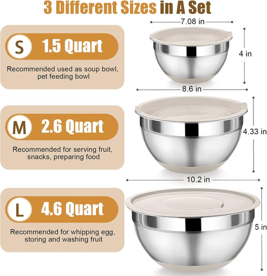 Mixing Bowl with Lid Set of 3, Stainless Steel Salad Bowls, Khaki | Nesting Bowls for Serving Preparing Storing, 3x Grater Attachments & Non-Slip Bottoms, Size 1.5/2.6/4.6 QT, Easy to Clean