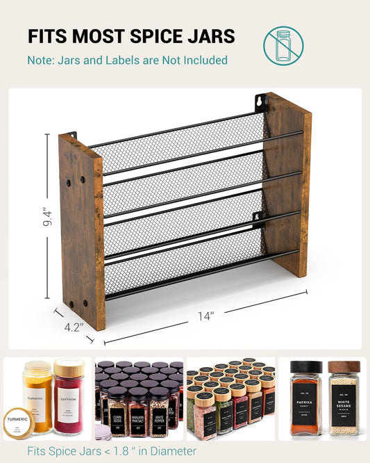 Spice Rack Organizer for Cabinet, Wood 4-Tier Vertical Seasoning Organizer, Wall Mount or Countertop Spice Shelf, Holds 28 Jars (No Jars Included), 14" W x 9.4" H