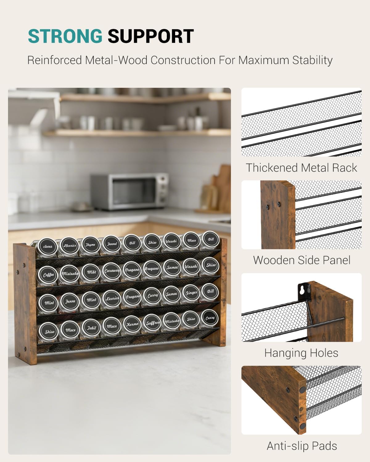 Spice Rack Organizer for Cabinet, Wood 4-Tier Vertical Seasoning Organizer, Wall Mount or Countertop Spice Shelf, Holds 28 Jars (No Jars Included), 14" W x 9.4" H