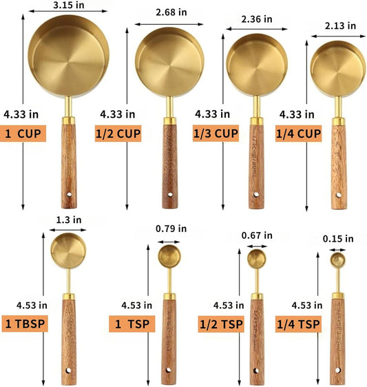 Golden Steel Measure Cups Spoons Wood Handle US Metric Cooking Baking | Food grade golden steel rustproof nonstick safe non slip wood handle US metric marks easy bake cook clean