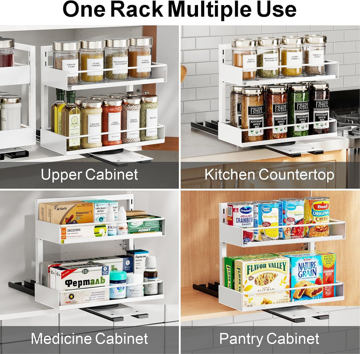 Pull Out Spice Rack - Upper Cabinet Storage, 2 Pack for Jars | Rotating Pull-Out Access, Adjustable Jar Height, No-Drill Mounting, Keeps Back-Row Spices Visible and Easy to Reach, Home