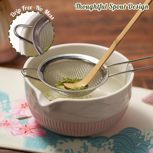 Matcha Whisk Set, Ceramic Matcha Set Includes Bowl & Holder, Bamboo Whisk (Chasen), Scoop, Spoon and Sifter, 8PCS Matcha Kit Covers Everything Needed for Making Matcha (Pink)
