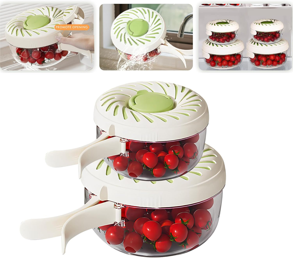 Upgraded Fruit Washing Bowl with Strainer,BPA-Free Drain Basket for Lid & Ice Compartment,Multifunctional Fruit Washer,Foldable Handle Strainer and Colander for Fridge Storage or Picnic Camping(1 QT)