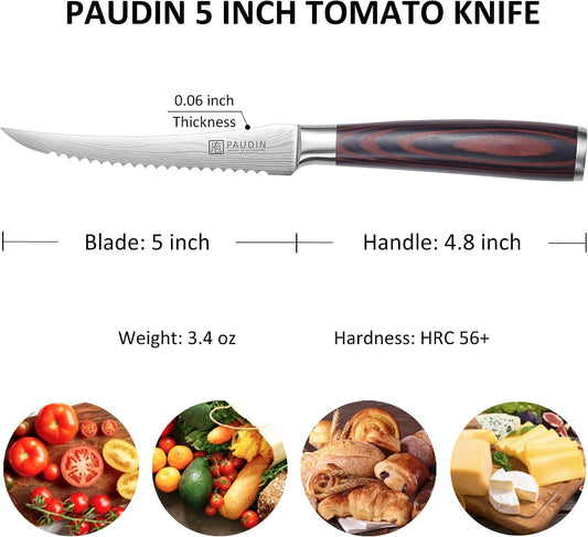 Tomato Knife, 5 inch Serrated Tomato Knife with Sheath | High Carbon Stainless Steel Tomato Slicer Knife for Smooth Cutting Slicing Vegetables and Fruits