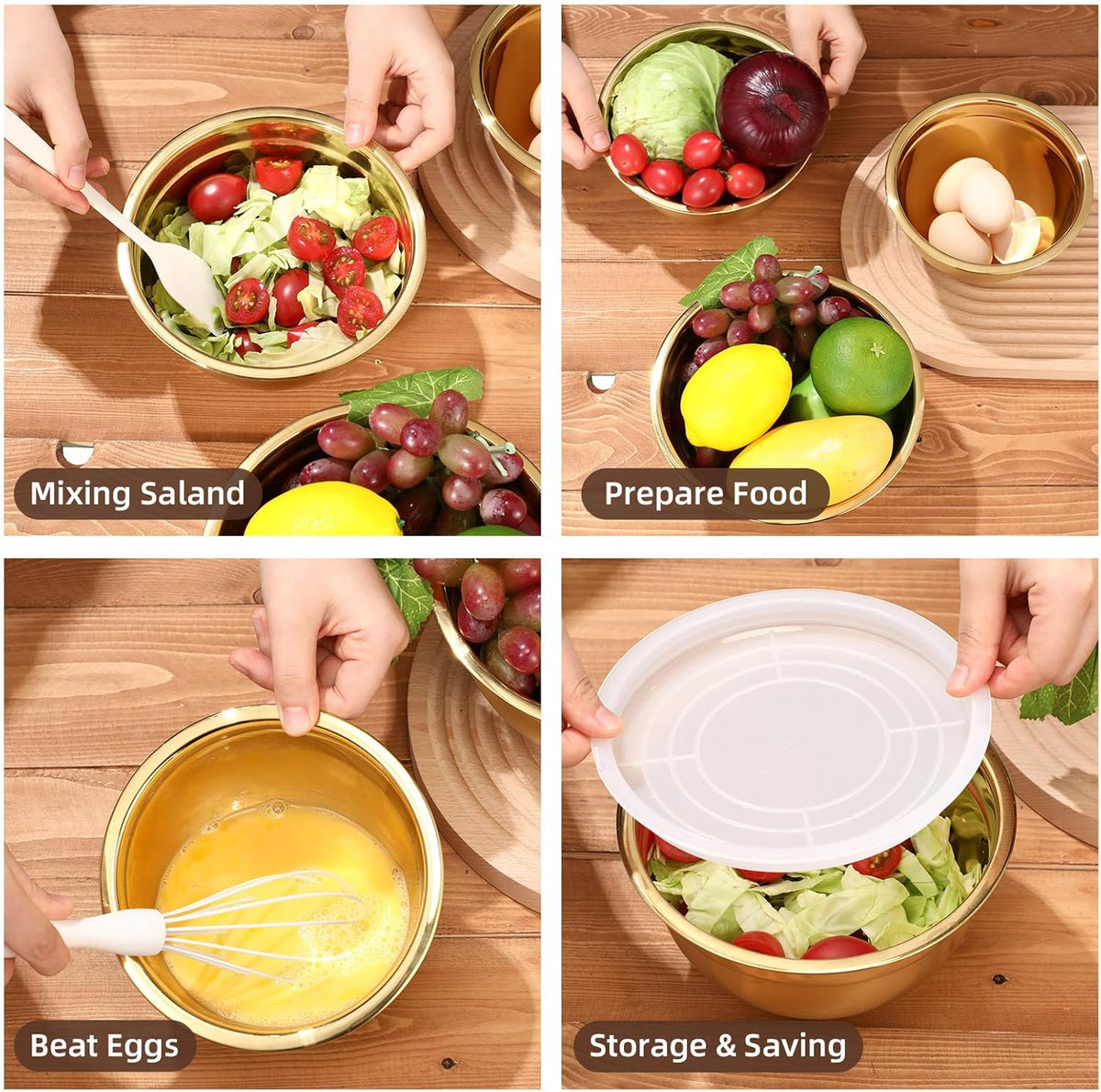 Gold Mixing Bowls with Airtight Lids 24 Pcs Stainless Steel Mixing Bowls Set Size 1, 1.5, 2, 3.6, 7QT, Measuring Cups Spoons Baking Utensils Bowl for Kitchen Baking Serving Food