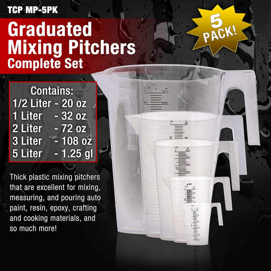 5 Piece Set of Plastic Graduated Measuring and Mixing Pitchers - 500, 1000 Quart, 2000, 3000, 5000 ml Gallon Sizes - Pouring Cups, Measure & Mix Paint, Resin, Epoxy, Kitchen Cooking Baking