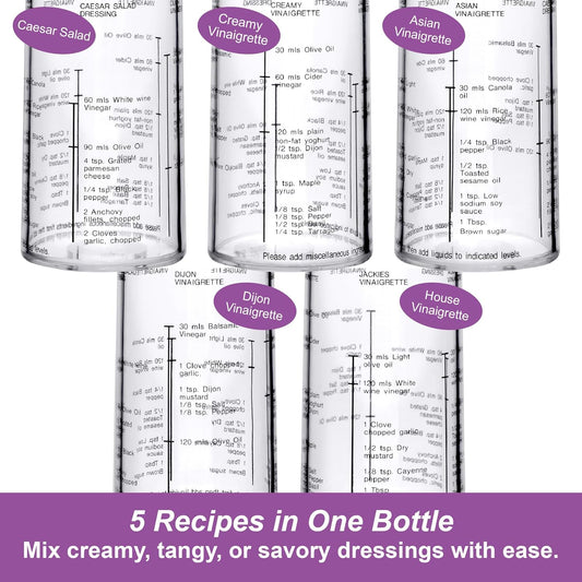 Acrylic Salad Dressing Shaker with Built-In Recipe (12 oz), Plastic Vinaigrette Mixer Bottle for Homemade Dressings, BPA-Free, Dishwasher-Safe, Easy to Measure, Mix, Serve, and Store