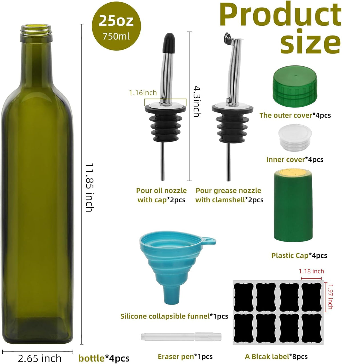 2Pcs 25 oz Olive Oil Dispenser Bottle,750 ml Glass Oil and Vinegar Dispenser Set with Pourers and Funnel ,Oil Bottles for Kitchen Large capacity oil bottles (Green 2pcs)