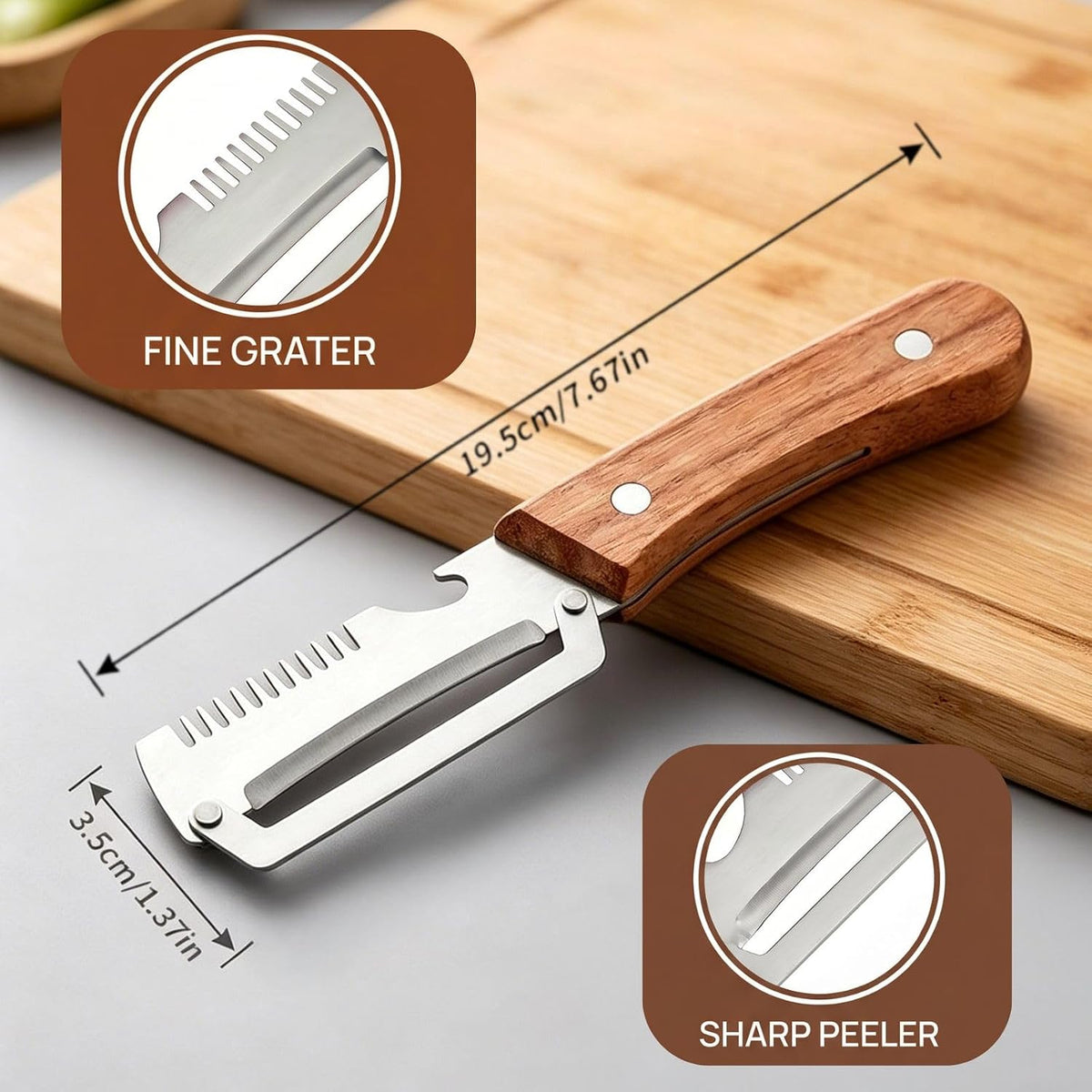 2 PCS Multi-Functional Kitchen Peeler, Professional Kitchen Tool for Chefs Fruit, 3 in 1 Multi Functional Wooden Handle Peeler and Bottle Opener, Kitchen Gadgets for Potato, Carrot, Pumpkin, Apple