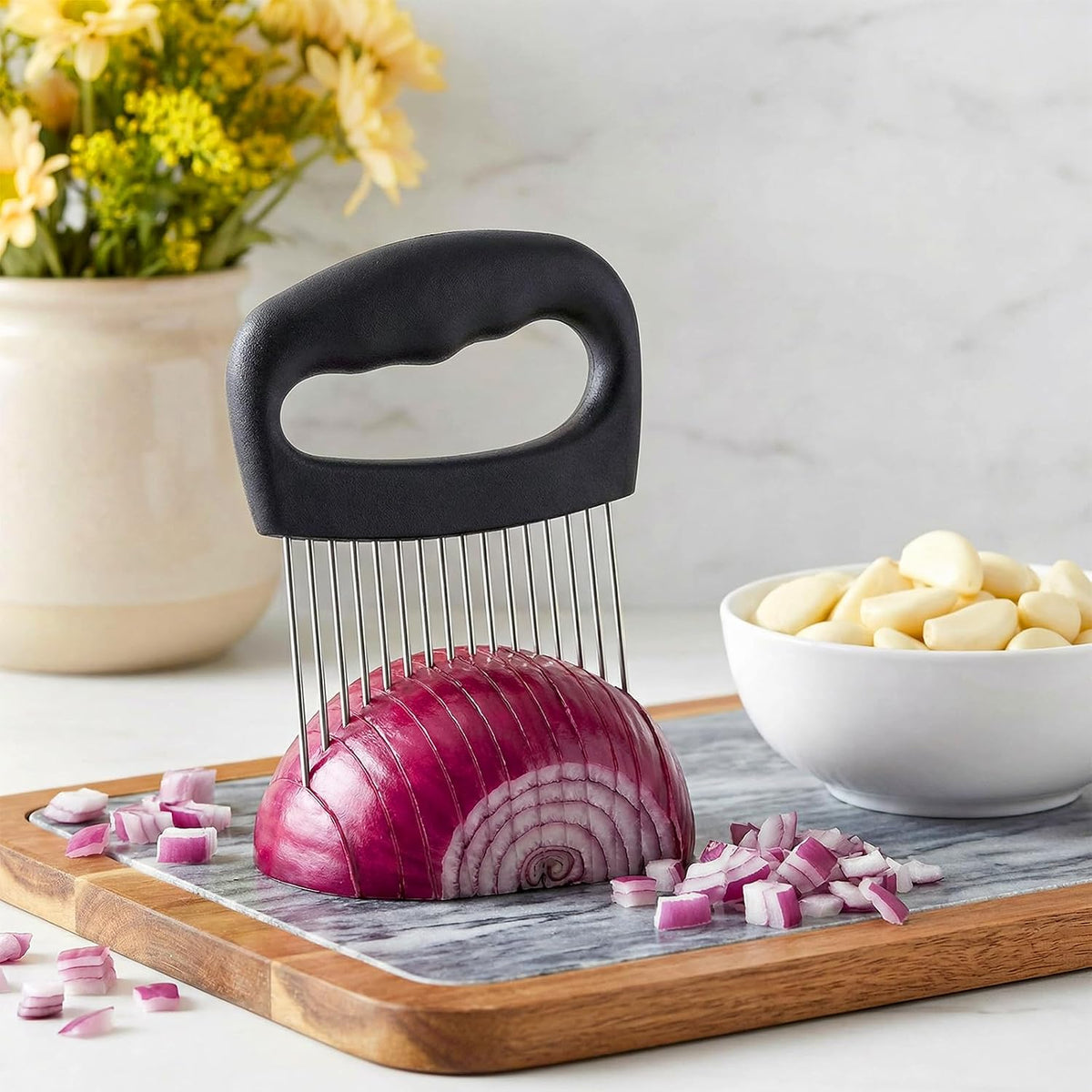 Tomato Slicer Onion Slicer Vegetable cutter Extra Large With 16 Long Needles Chopper Potato Meat Tenderizer Stainless Steel Black