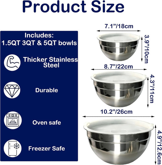 Stainless Steel Mixing Bowls With Lid, Metal Nesting Mixing Bowl Set Of 3 | Prep Bowls For Food Prep, Cooking, Baking, Serving, Storage, Dishwasher Safe, Metal Bowls with Lids for 1.5/3/5 Qt, Silver