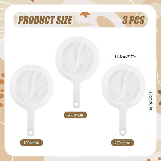 3-Piece Fine Mesh Strainer Set, 400/200/100 Mesh Nylon Sieve with Handle for Tea, Coffee, Nut Milk, Juice, Yogurt, Broth - Reusable, Dishwasher Safe Food Strainers