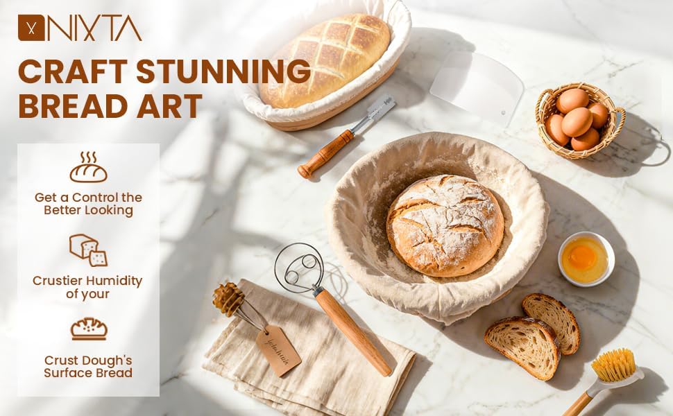 Bread Proofing Basket Set – 6-Piece Sourdough Bread Baking Kit with 9" Round & 10" Oval Banneton Baskets, Linen Liners, Danish Dough Whisk, Dough Scraper & 5 Stainless Steel Blades