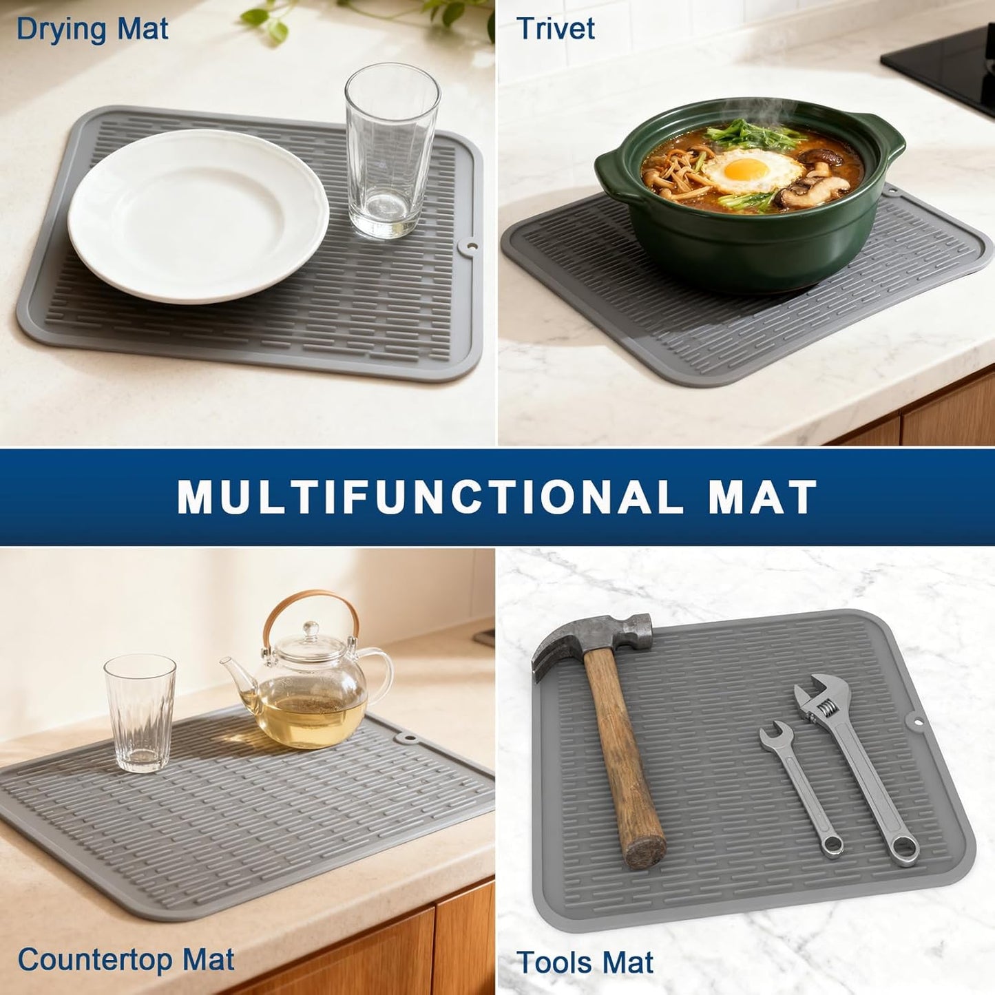 Extra Large Silicone Trivet drying mat for kitchen counter Gray 2 Pack | Grey 18 x 16 in sink heat resistant dish drying mat, silicone hot pads and trivets, rubber dish drainers for kitchen counter