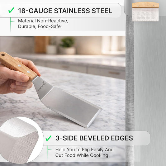 Professional Griddle Spatula Set - Stainless Steel Metal Spatula and Griddle Scraper - Heavy Duty Commercial Grade