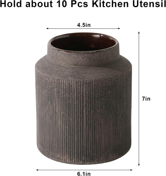 Farmhouse Ceramic Farmhouse Kitchen Utensil Holder for Countertop, Rustic Cooking Utensil Holder Crock Fit for Kitchen Counter. 6.1 x 6.1 x 7 IN