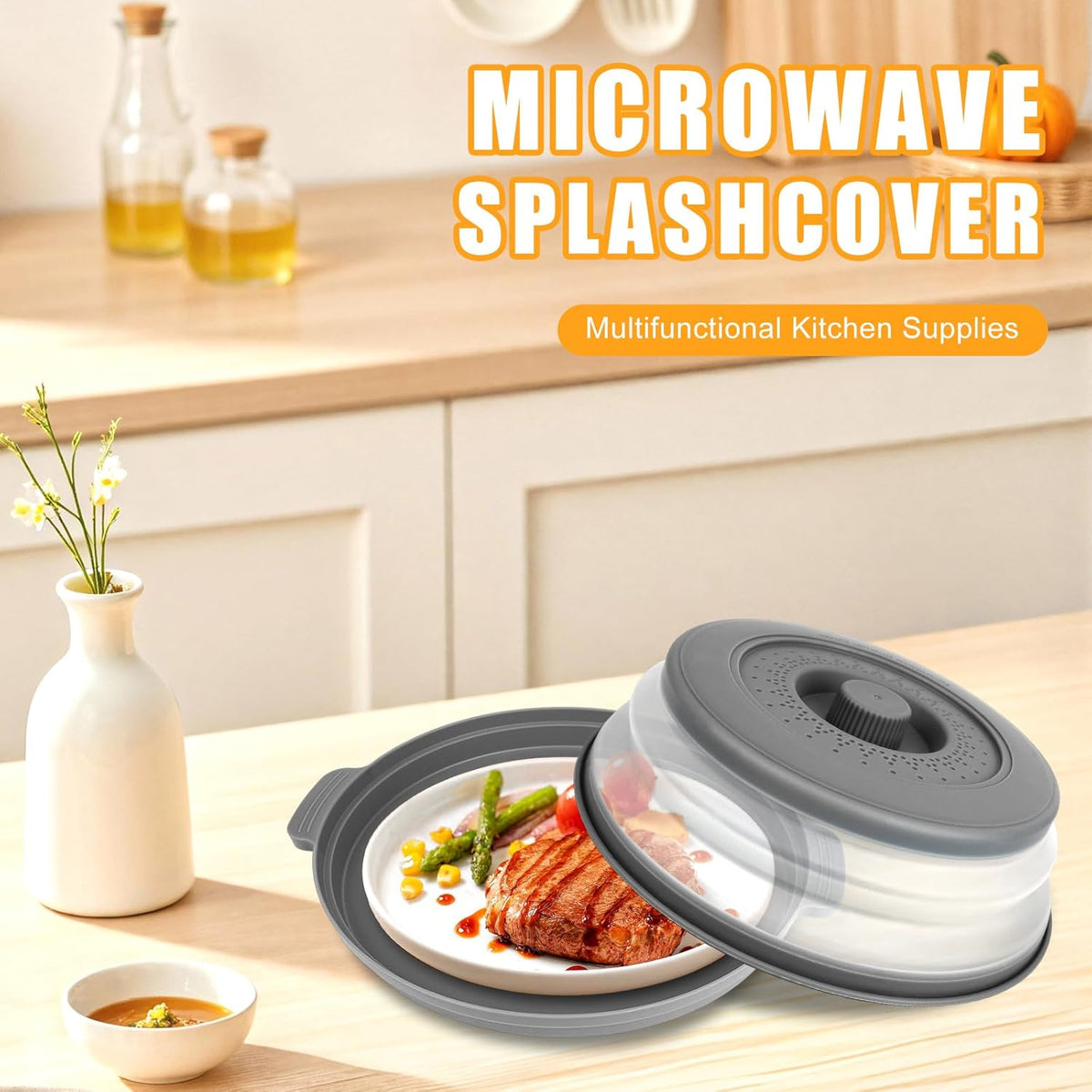 Microwave Splatter Cover Vented for Food,Collapsible Splatter Guard & Colander Kitchen Gadget for Fruit Vegetables,Microwave Lid with Handle Tray,Dishwasher-Safe BPA-Free Silicone & Plastic
