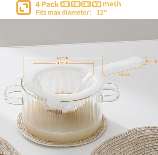 Premium Multi-Mesh Strainer Set, 4 Pack - 100/200/300/400 Mesh, Nylon & Plastic Fine Mesh Sieve for Tea, Coffe, Nut Milk, Juice, Broth, Smoothies, Reusable & Easy to Clean, Durable,Dishwarer Safe