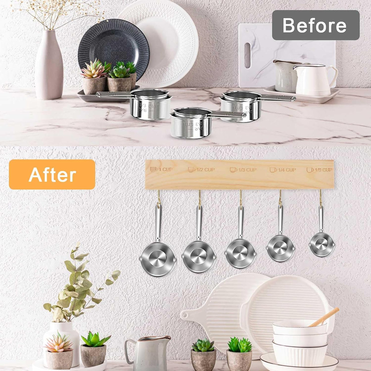 Premium Bamboo Measuring Cups and Spoons Rack, Measuring Cup Organizer Rack Suitable for Kitchen Hanging Cups and Spoons, Including Screw and Adhesive Mounting(2 pcs)