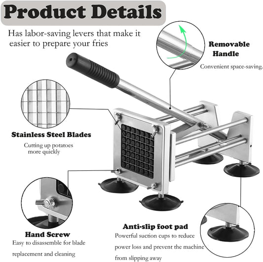 French Fry Cutter,Professional Stainless Steel Potato Cutter, Press Fries with 1/2-Inch and 3/8-Inch Blade Great for Potatoes
