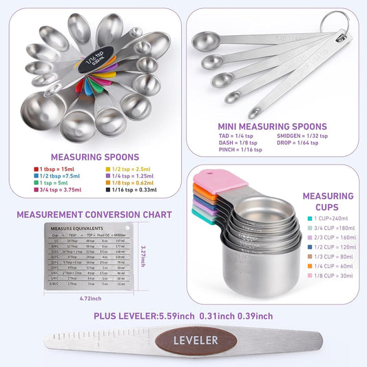 22-Piece Measuring Cups and Spoons Set, 304 Stainless Steel for MINI Measuring Spoons, with Leveler, Measurement Conversion Chart Fridge Magnet, for Measure Dry & Liquid Ingredients