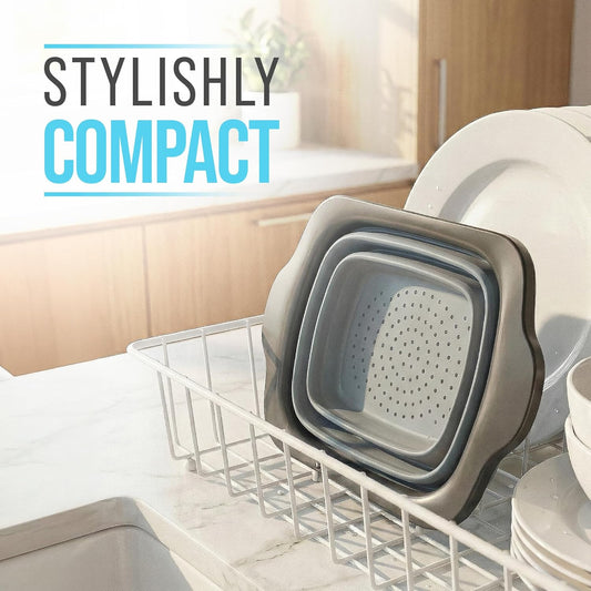 Gray Collapsible Silicone Over-Sink Colander – 6 Qt – Extendable | Gray; silicone; 17.1"L x 10.1"W; collapses to 1.4"H; 6 Qt; handles extend 25" to span sink; heat resistant 176F
