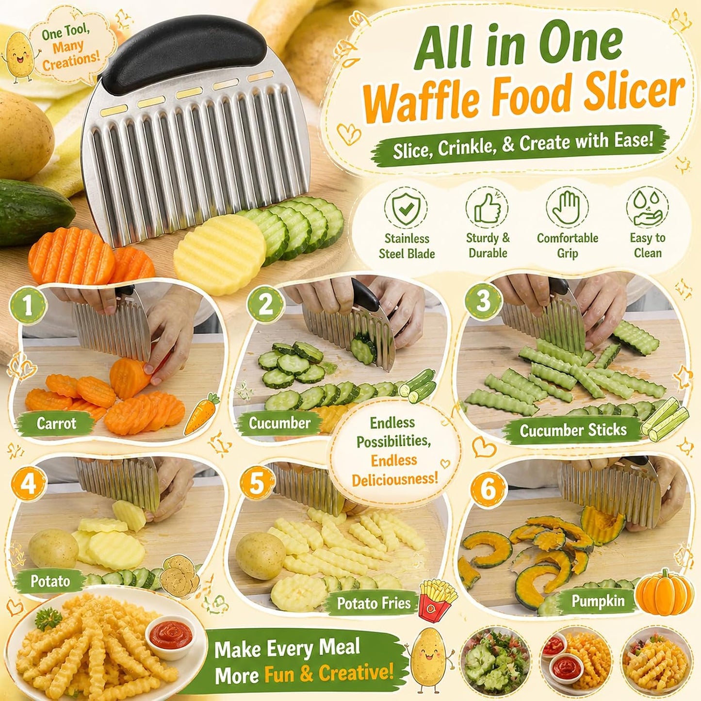 Large Crinkle Cutter French Fry Cutter, Stainless Steel Wavy Slicer | Large Crinkle Potato Slicer Wavy Chopper, Crinkle Cutting Chopping Tools with Handle