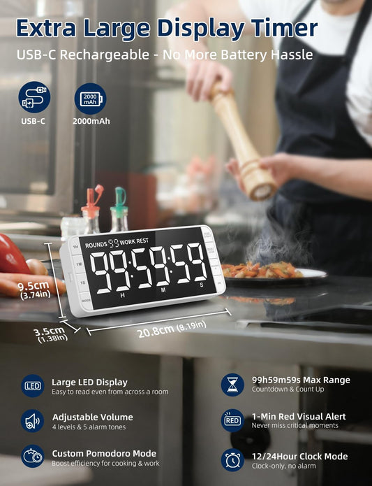 7.8" Digital Kitchen Timer with Large LED Display, Magnetic Rechargeable Countdown Timer, 5 Alarms & 4 Volume Levels, 99H Count Up/Down Timer for Cooking, Classroom & Study