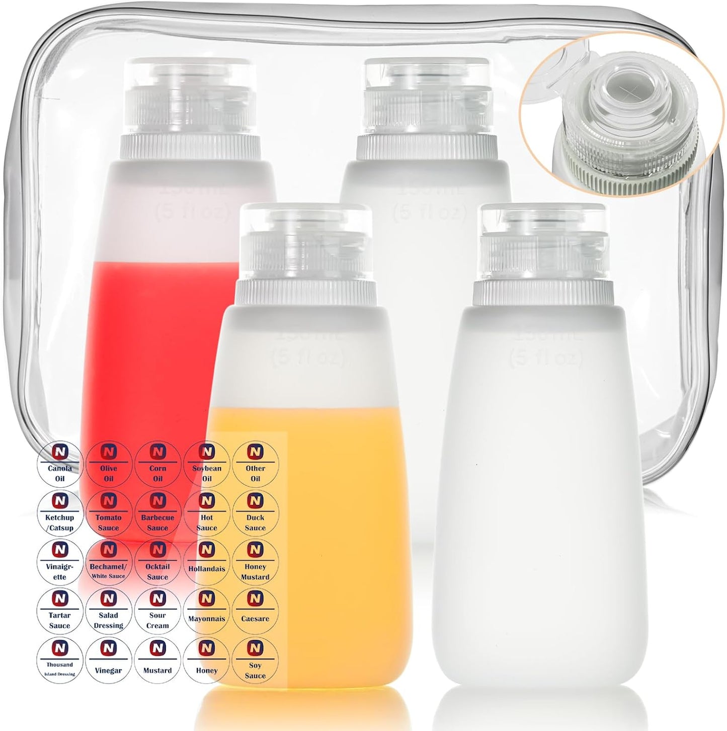 Condiment Squeeze Bottles for Ketchup Hot Sauce Liquids Oil with Caps for Condensed Milk and Mustard Salad Dressing Dispenser Silicone Bottles (Translucent, 4 oz * 4 Pack)