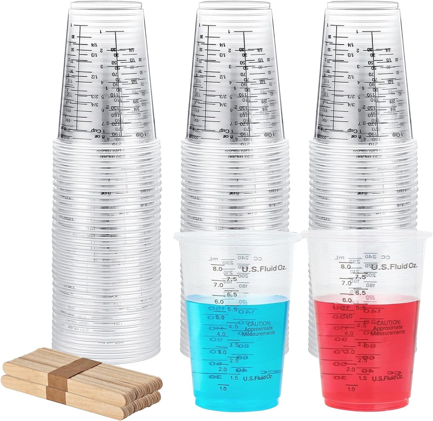 Plastic Measuring Cups with Mixing Sticks, 8 oz Clear Cup, 100 Pack | Disposable measuring cups with sticks, DIY mixing accurate oz ml cc scales for resin paint baking